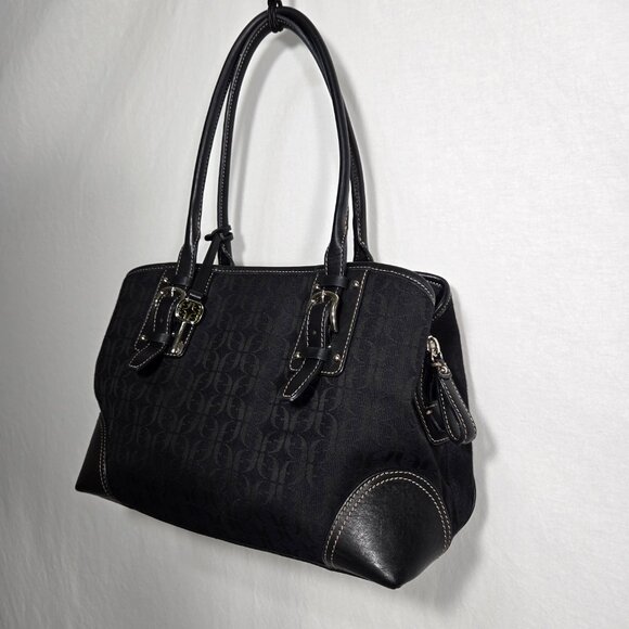 Vintage FOSSIL Y2K Whimsigoth BLACK Signature Canvas Leather Trim Shoulder Bag. - Picture 5 of 17